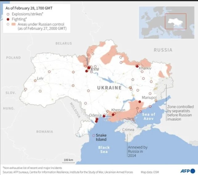 Vị trí của thành phố Kherson và đảo Rắn (Snake Island) của Ukraina trên bản đồ. Ảnh: AFP