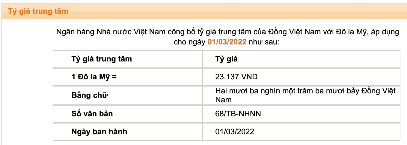 Tỷ giá trung tâm của đồng Việt Nam với đôla Mỹ do Ngân hàng Nhà nước công bố.