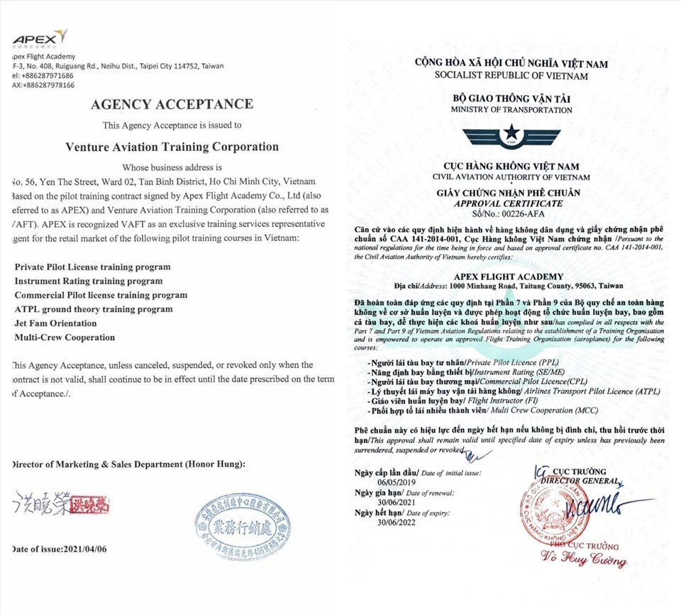 Chứng nhận cấp bởi Cục Hàng không Việt Nam cho Apex Flight Academy và Giấy chứng nhận Venture Aviation là đối tác tuyển sinh cho Apex Flight Academy. Ảnh: Đ.T.