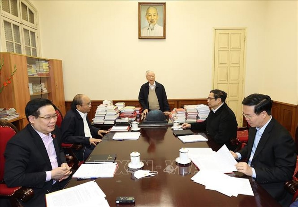 Tổng Bí thư Nguyễn Phú Trọng chủ trì cuộc họp lãnh đạo chủ chốt tháng 3/2022 (Ảnh: TTXVN)