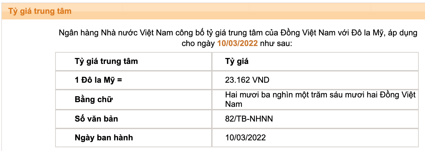 Tỷ giá trung tâm của đồng Việt Nam với đôla Mỹ do Ngân hàng Nhà nước công bố.