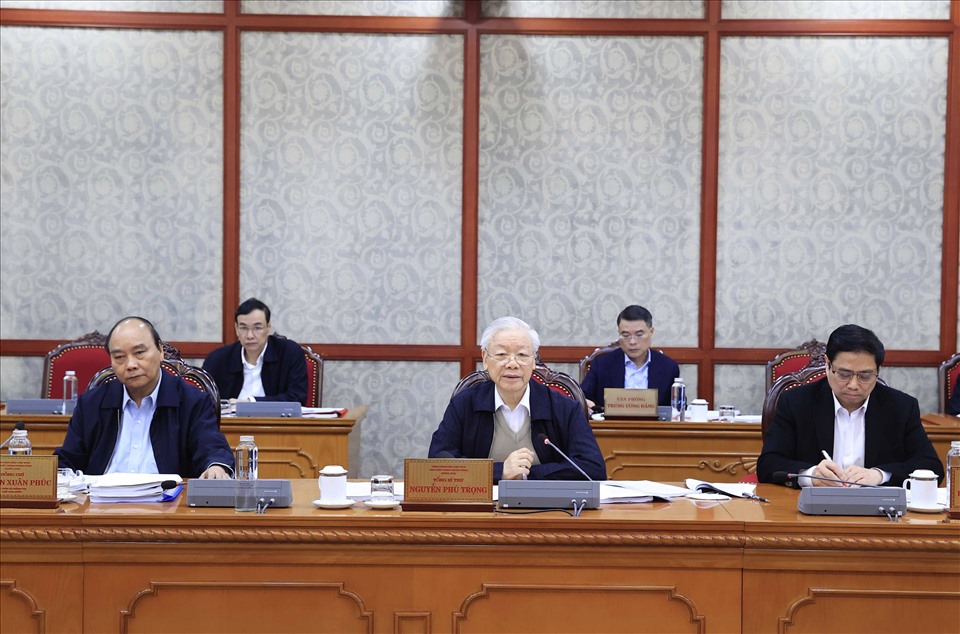 Tổng Bí thư Nguyễn Phú Trọng chủ trì phiên họp của Bộ Chính trị. Ảnh:  Thống Nhất