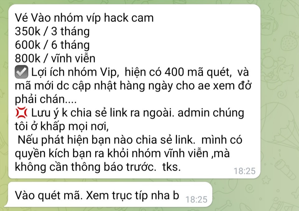 Đối tượng rao bán clip hack từ camera nhà riêng tại Việt Nam. Ảnh: Chụp màn hình.