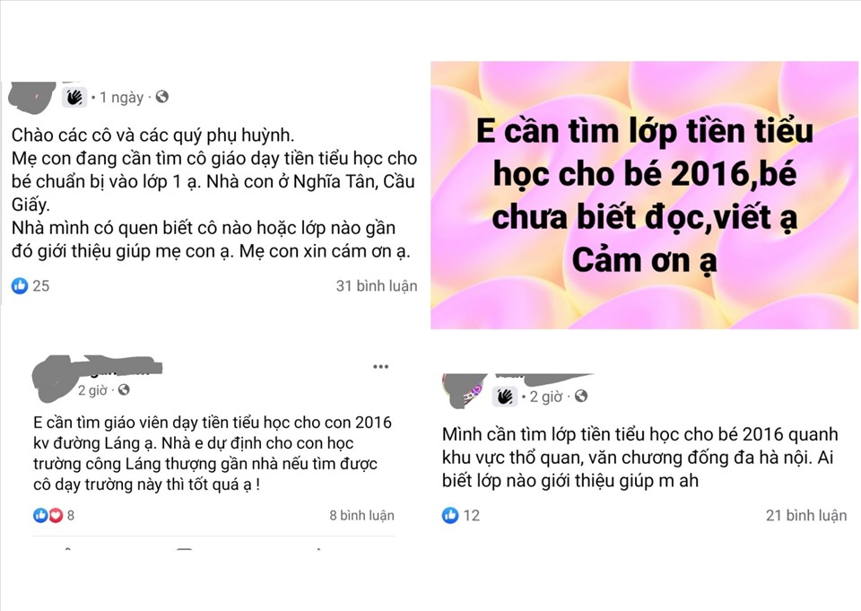 Khắp các hội nhóm, rất nhiều phụ huynh đăng tin tìm lớp tiền tiểu học cho con. Ảnh: T.V