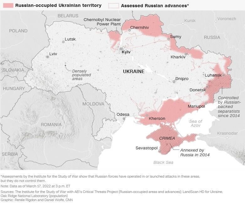 Lviv có tầm quan trọng chiến lược đối với Ukraina. Các vùng màu hồng đã bị Nga chiếm giữ. Ảnh: CNN