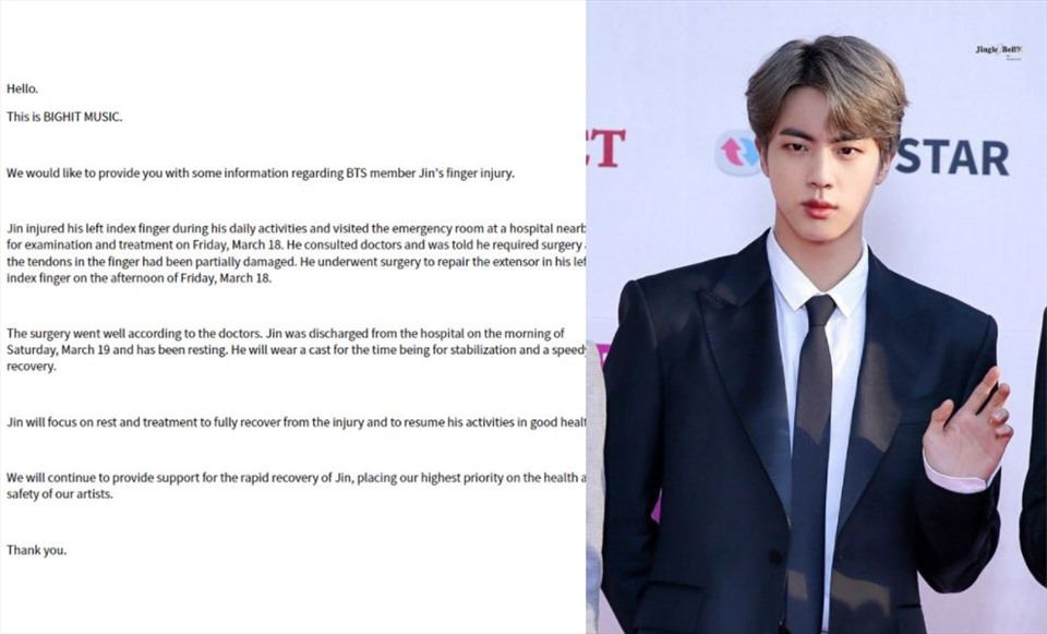 Bighit thông báo về tình hình sức khỏe của thành viên lớn tuổi nhất BTS, Jin trên Weverse. Ảnh: ST