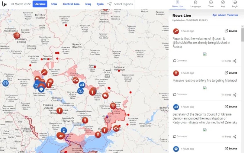 Liveuamap, công cụ lập bản đồ của Ukraina. Ảnh: Liveuamap