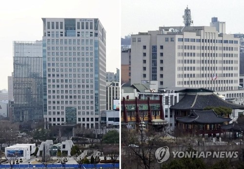 Trụ sở Bộ Ngoại giao Hàn Quốc ở Gwanghwamun (trái) và trụ sở Bộ Quốc phòng ở Yongsan (phải). Ảnh: Yonhap