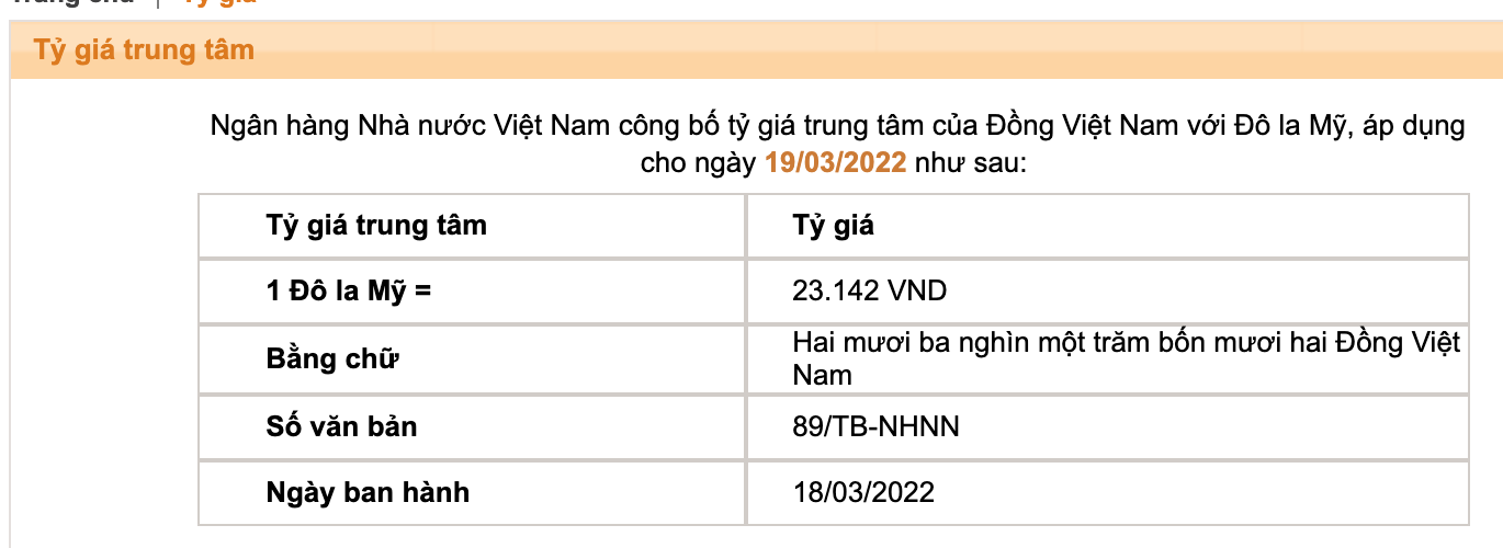 Tỷ giá trung tâm của đồng Việt Nam với đôla Mỹ do Ngân hàng Nhà nước công bố.