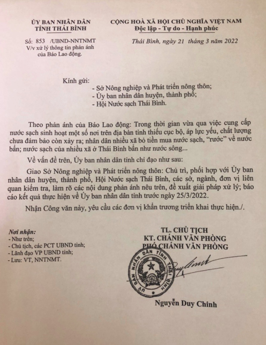 Văn bản số 853/UBND-NNTNMT của UBND tỉnh Thái Bình.
