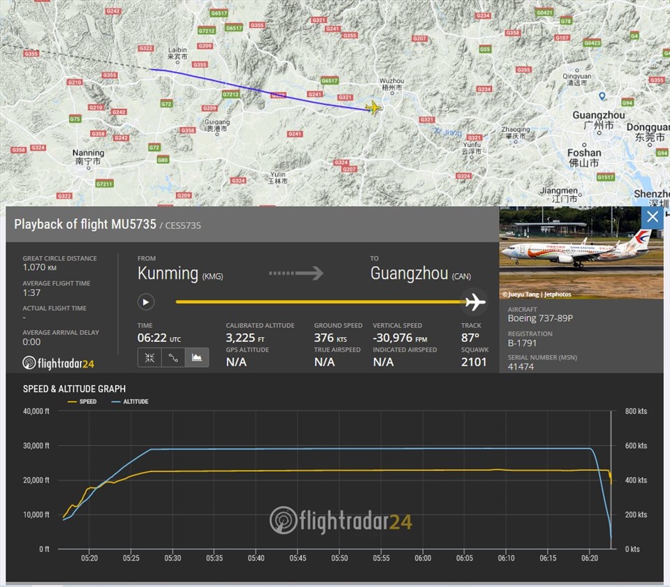 Lộ trình chuyến bay MU5735 của China Eastern Airlines bị rơi khi di chuyển từ Côn Minh đến Quảng Châu, Trung Quốc. Ảnh: