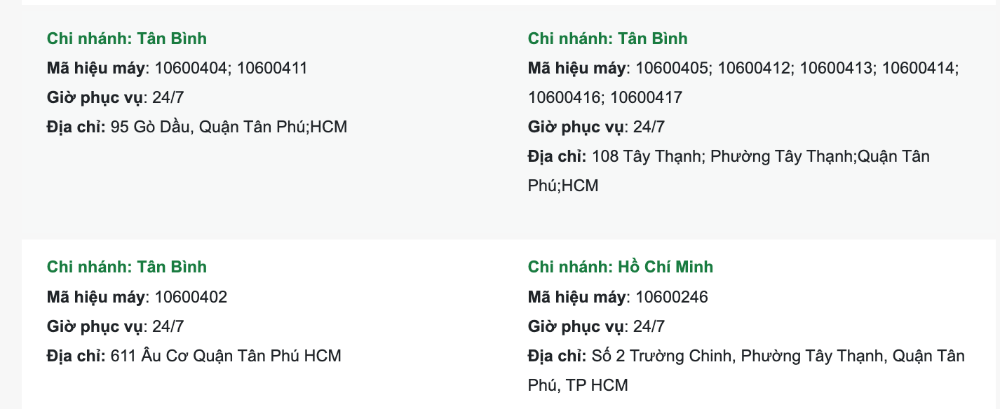 Điểm đặt cây ATM Vietcombank quận Tân Phú - TP. Hồ Chí Minh gần nhất. Nguồn: Vietcombank