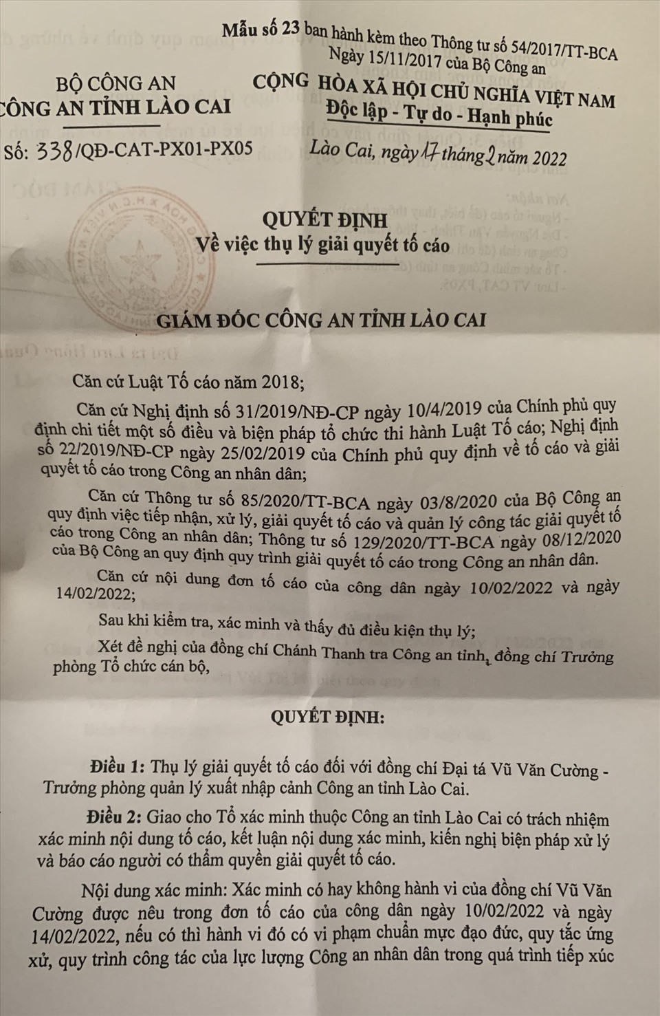 Quyết định thụ lý đơn tố cáo của Công an tỉnh Lào Cai.