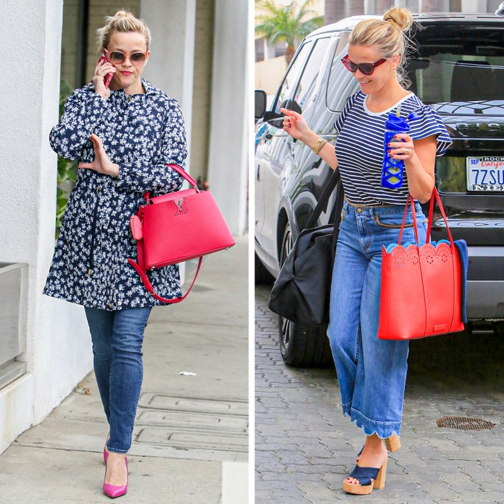 Phong cách thường ngày của Reese không chỉ là những trang phục nữ tính mà còn là những chiếc quần jean và áo cardigan. Và cô ấy luôn tạo thêm điểm nhấn tươi sáng cho trang phục của mình bằng một chiếc túi hay đôi giày có màu sắc nổi bật. Ảnh: brightside.