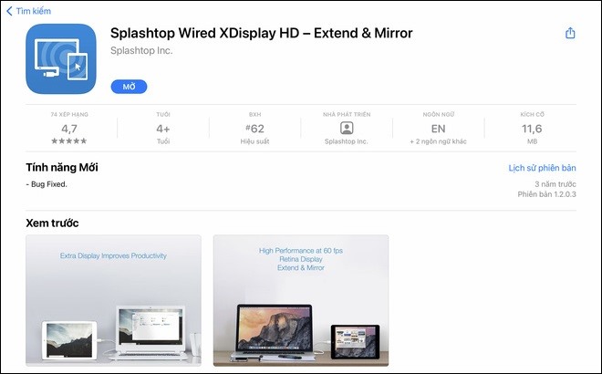 Phần mềm Splashtop Wired XDisplay HD - Extend & Mirror dành cho iPad. Ảnh chụp màn hình