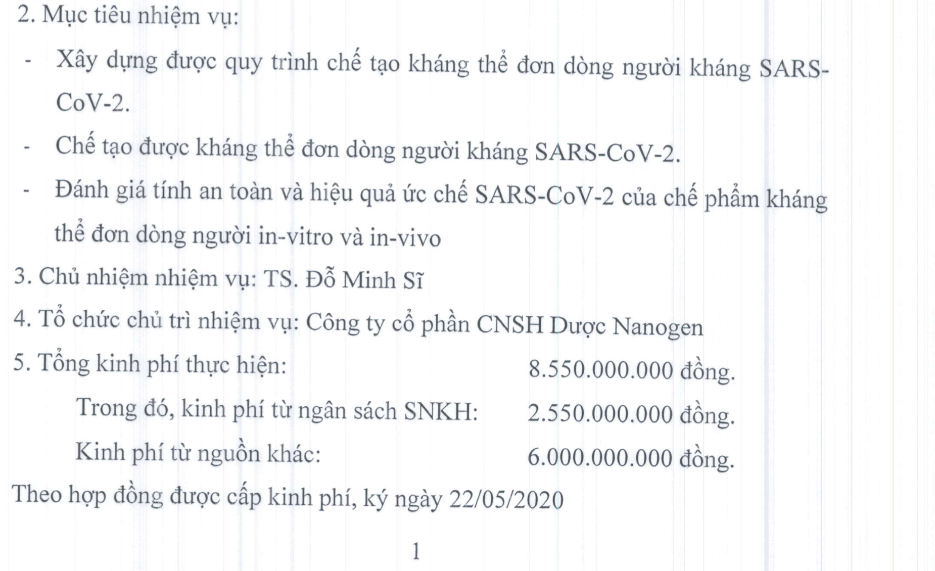 Báo cáo về kinh phí thực hiện đề án nghiên cứu của Nanogen