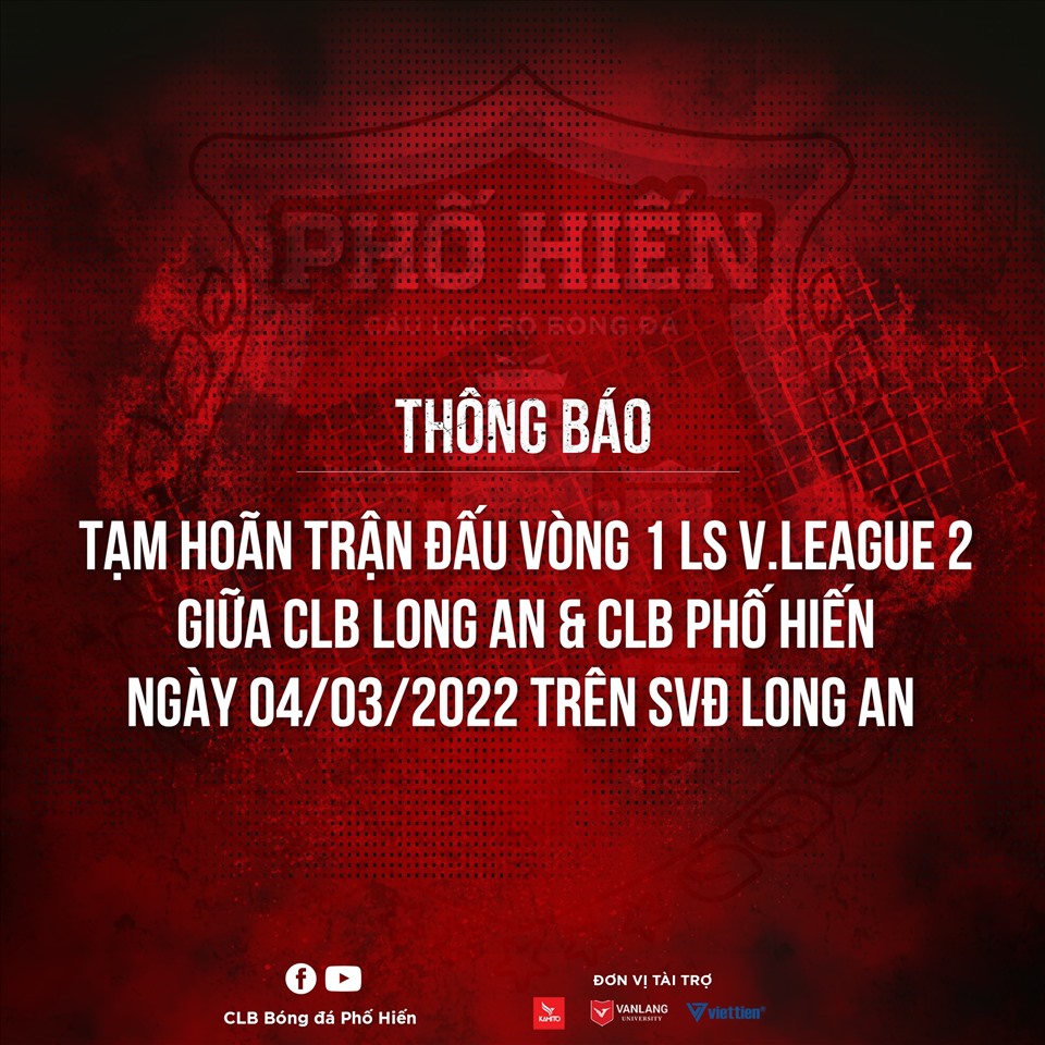 Thông báo hoãn đấu với Long An của câu lạc bộ Phố Hiến. Ảnh: CLB Phố Hiến