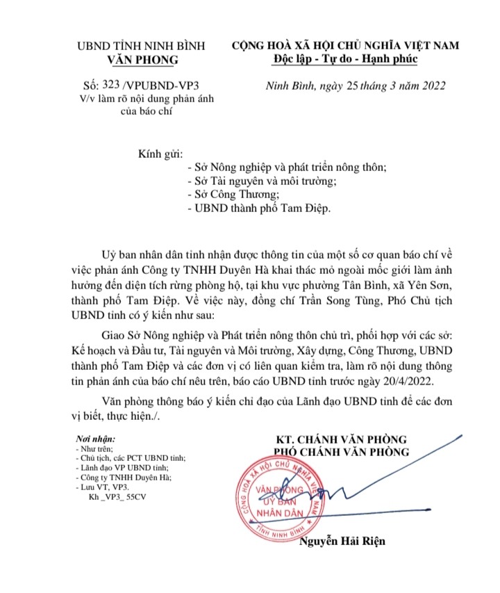 Văn bản chỉ đạo của UBND tỉnh Ninh Bình. Ảnh: NT