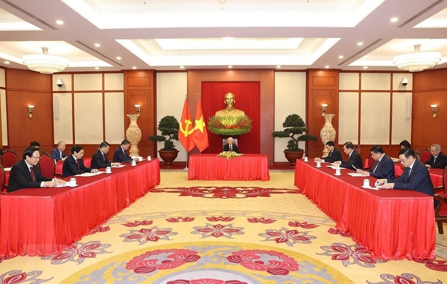 Tổng Bí thư Nguyễn Phú Trọng điện đàm với Thủ tướng Đức Olaf Scholz. Ảnh: TTXVN
