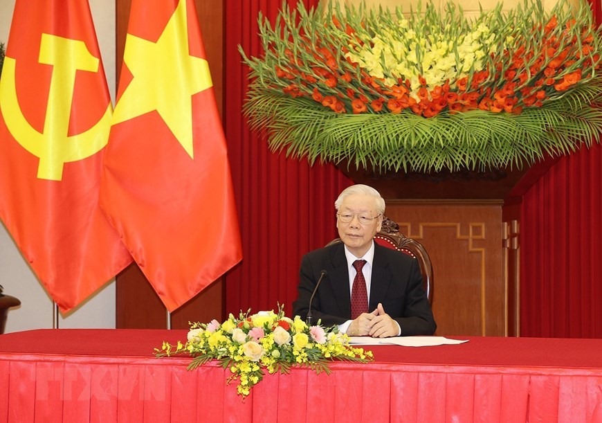 Tổng Bí thư Nguyễn Phú Trọng điện đàm với Thủ tướng Đức Olaf Scholz, chiều 31.3.2022. Ảnh: TTXVN