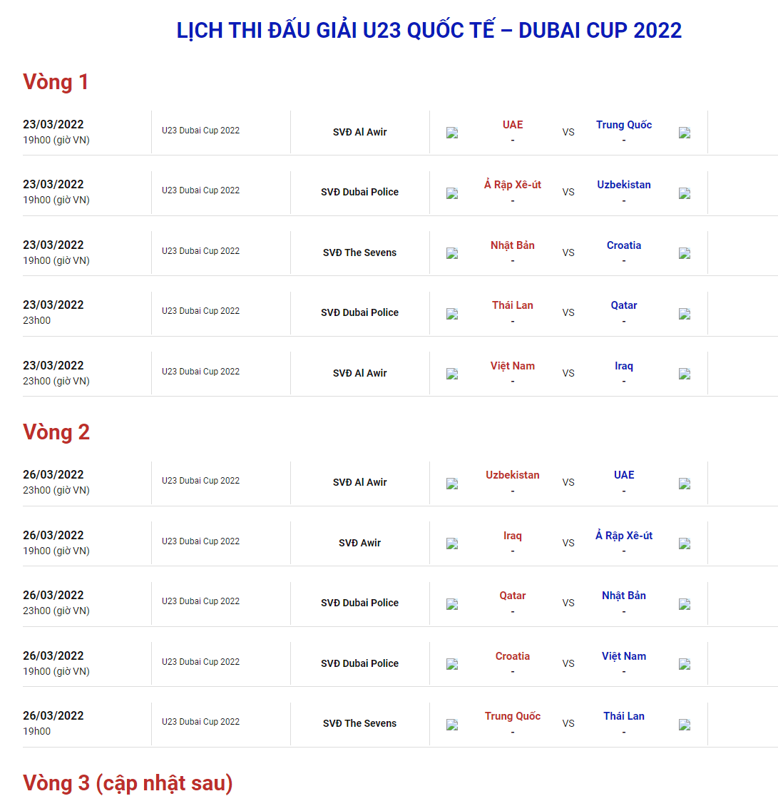 Lịch thi đấu U23 Việt Nam tại Dubai Cup 2022. Ảnh chụp màn hình