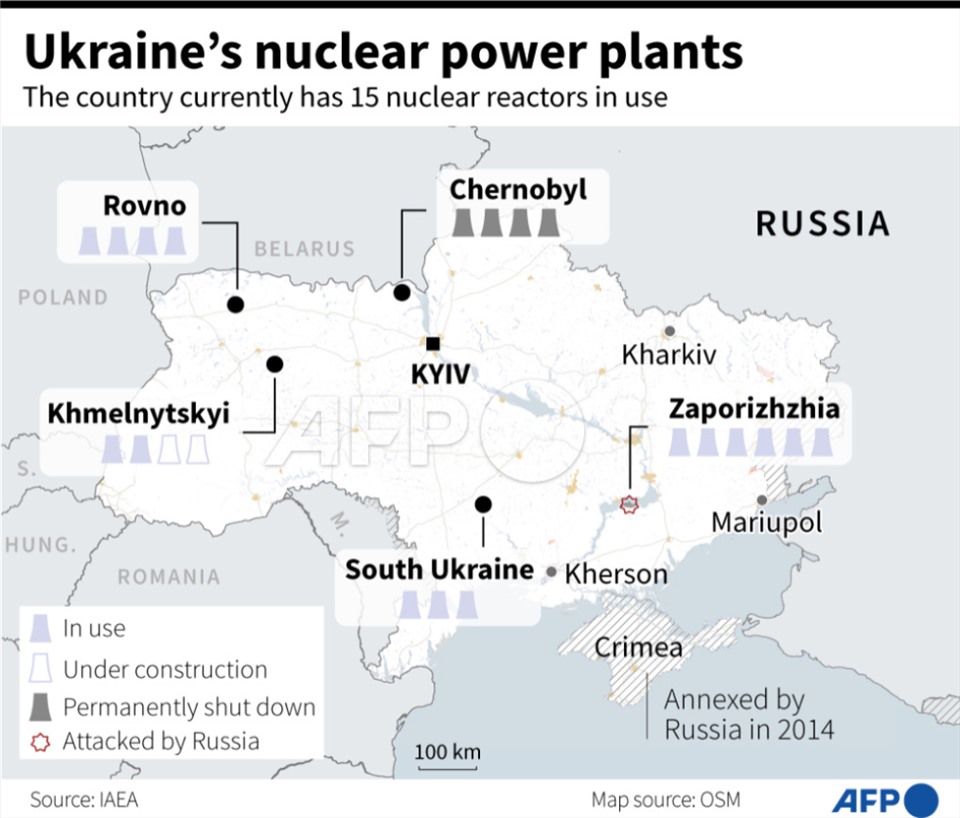 Nhà máy điện hạt nhân Yuzhnoukrainsk thuộc khu phức hợp năng lượng Nam Ukraina (South Ukraine). Ảnh: AFP