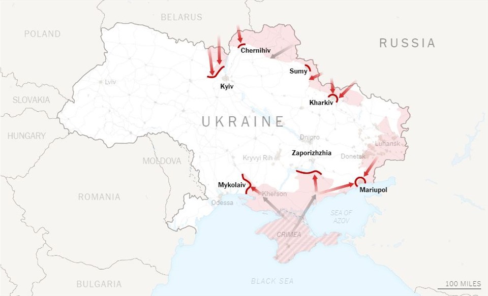 Chiến sự Ukraina hiện bước sang ngày thứ 10. Trong ảnh là các bước tiến quân của Nga ở Ukraina. Ảnh chụp màn hình
