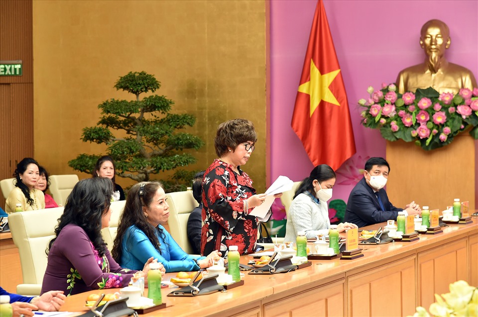 Bà Thái Hương, Chủ tịch Hiệp hội Nữ doanh nhân Việt Nam phát biểu tại buổi gặp mặt. Ảnh: VGP/Đình Nam