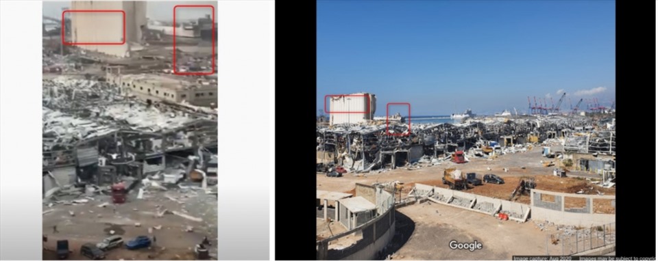 So sánh ảnh chụp màn hình của video giả (bên trái) với hình ảnh từ Google Maps (bên phải).
