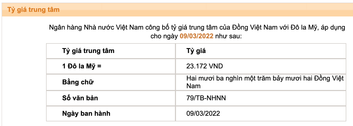 Tỷ giá trung tâm của đồng Việt Nam với đôla Mỹ do Ngân hàng Nhà nước công bố.