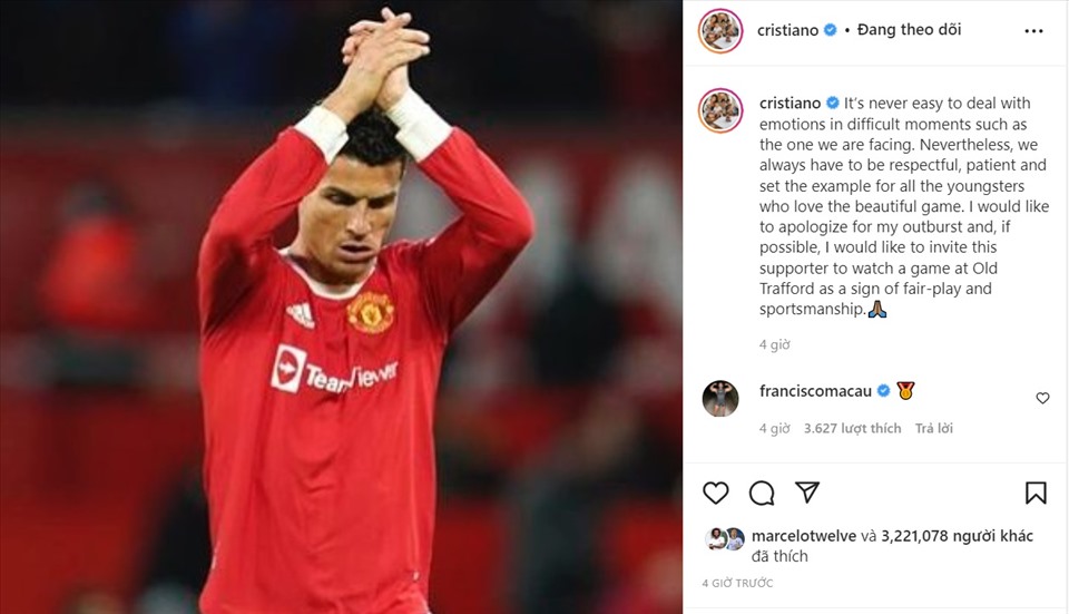 Cristiano Ronaldo đã xin lỗi trên trang cá nhân. Ảnh: Instagram