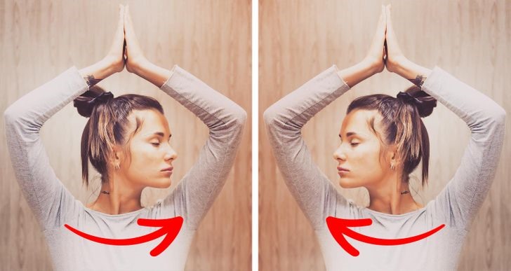 Cải thiện tình trạng co cứng cơ: Ngồi ở tư thế thoải mái, thẳng cột sống. Đưa tay lên trên, uốn cong khuỷu tay và đặt hai lòng bàn tay vào nhau trên đầu. Giữ cho hàm song song với sàn, xoay đầu sang bên trái. Giữ trong vài giây, sau đó từ từ xoay đầu sang bên phải. Giữ nguyên tư thế trong vài giây, sau đó quay đầu sang trái một lần nữa. Thực hiện trong 30 giây – 1 phút.