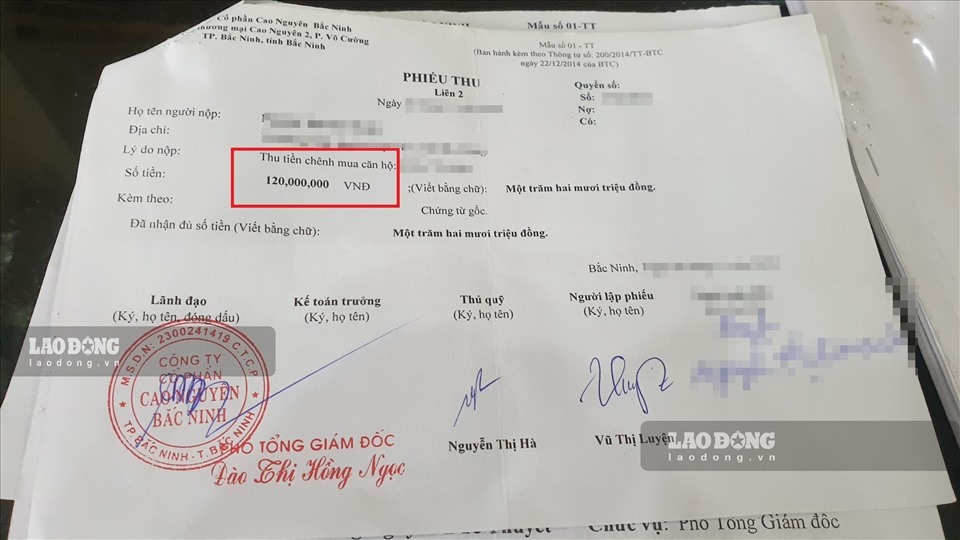 Người dân phải đóng chênh 120 triệu đồng so với giá phê duyệt của Sở Xây dựng tỉnh Bắc Ninh khi mua một căn hộ tại dự án ở xã hội Cao Nguyên do công ty TNHH Cao Nguyên (tập đoàn CĐ Việt Nam) làm chủ đầu tư. Ảnh: Trần Tuấn.