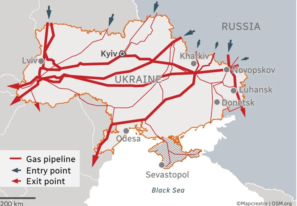 Mạng lưới đường ống dẫn khí Nga qua Ukraina đến Châu Âu. Ảnh: Map