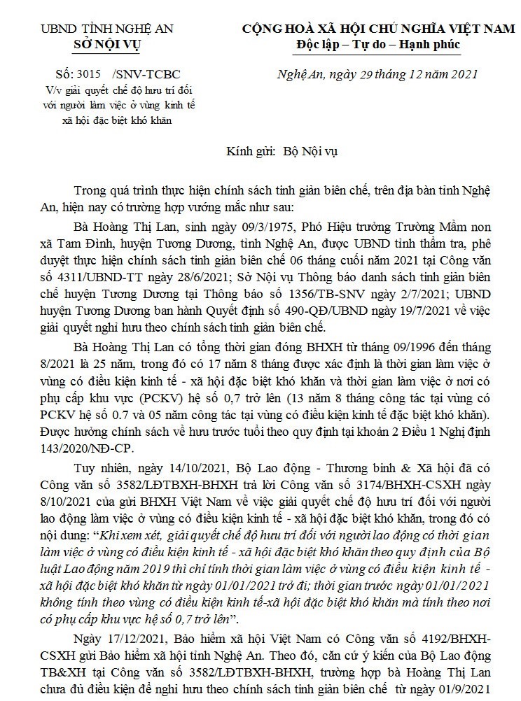 Công văn của Sở Nội vụ tỉnh Nghệ An báo cáo Sở Nội vụ về trường hợp bà Hoàng Thị Lan. Ảnh: QĐ
