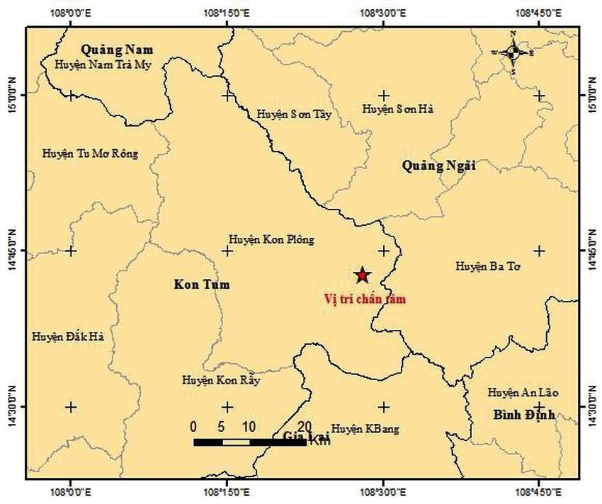 Trận động đất có độ lớn 4.5 xảy ra trưa 18.4 tại Kon Plông, tỉnh Kon Tum là lớn nhất từ hơn 120 năm trở lại đây. Nguồn: Viện Vật lý địa cầu