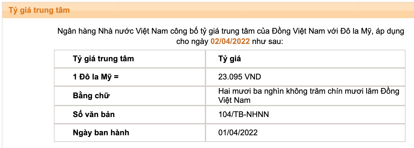 Tỷ giá trung tâm của đồng Việt Nam với đôla Mỹ do Ngân hàng Nhà nước công bố