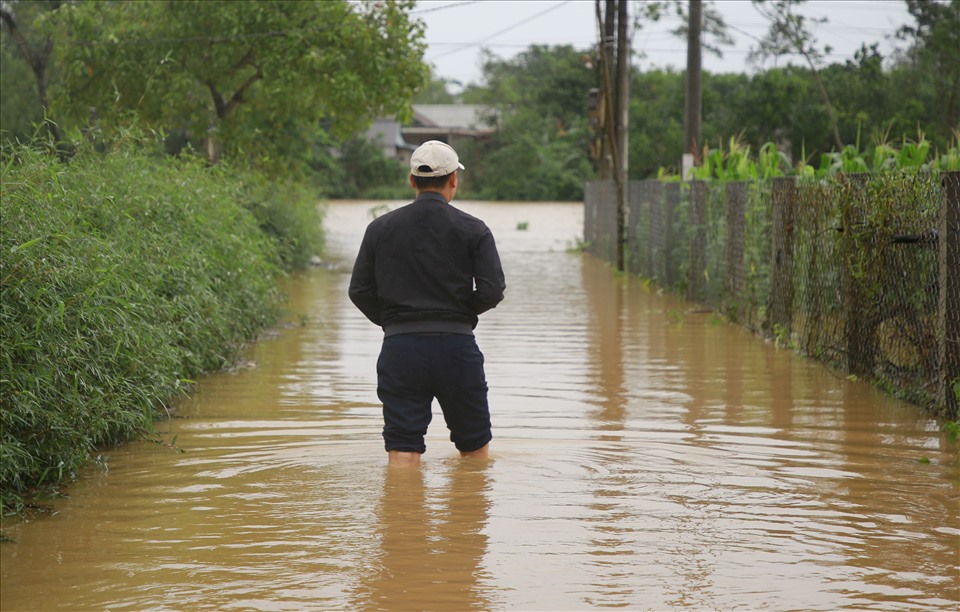 Đồng ngập nước, nhiều tuyến đường trong khu dân cư tại huyện Hải Lăng cũng bị chia cắt vì nước lên cao.