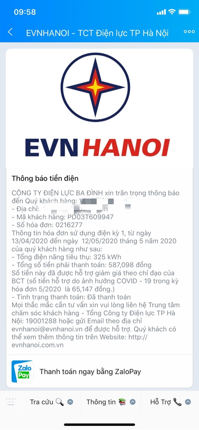 Thông báo tiền điện trên trang EVNHANOI tại ứng dụng Zalo.