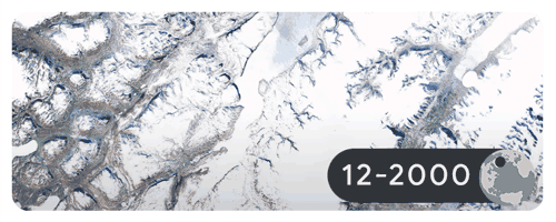 Glacier retreat in Sermersooq, Greenland.  The images were taken in December of each year from 2000 to 2020.