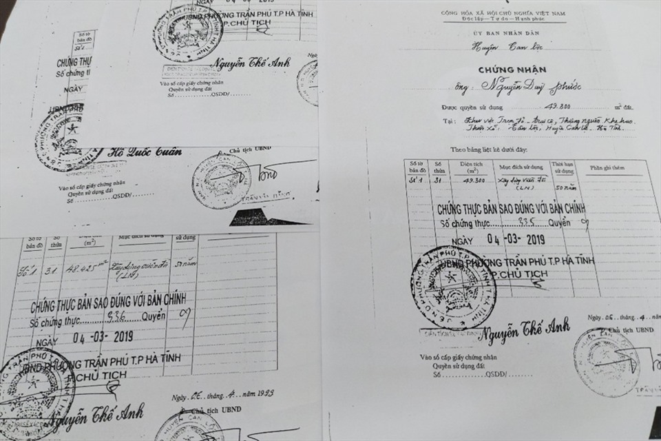 4 giấy chứng nhận quyền sử dụng đất rừng của 4 hộ dân xã Tân Lộc được cấp năm 1999 nhưng nay chính quyền huyện Lộc Hà khẳng định không có hồ sơ lưu trữ. Ảnh: Trần Tuấn.
