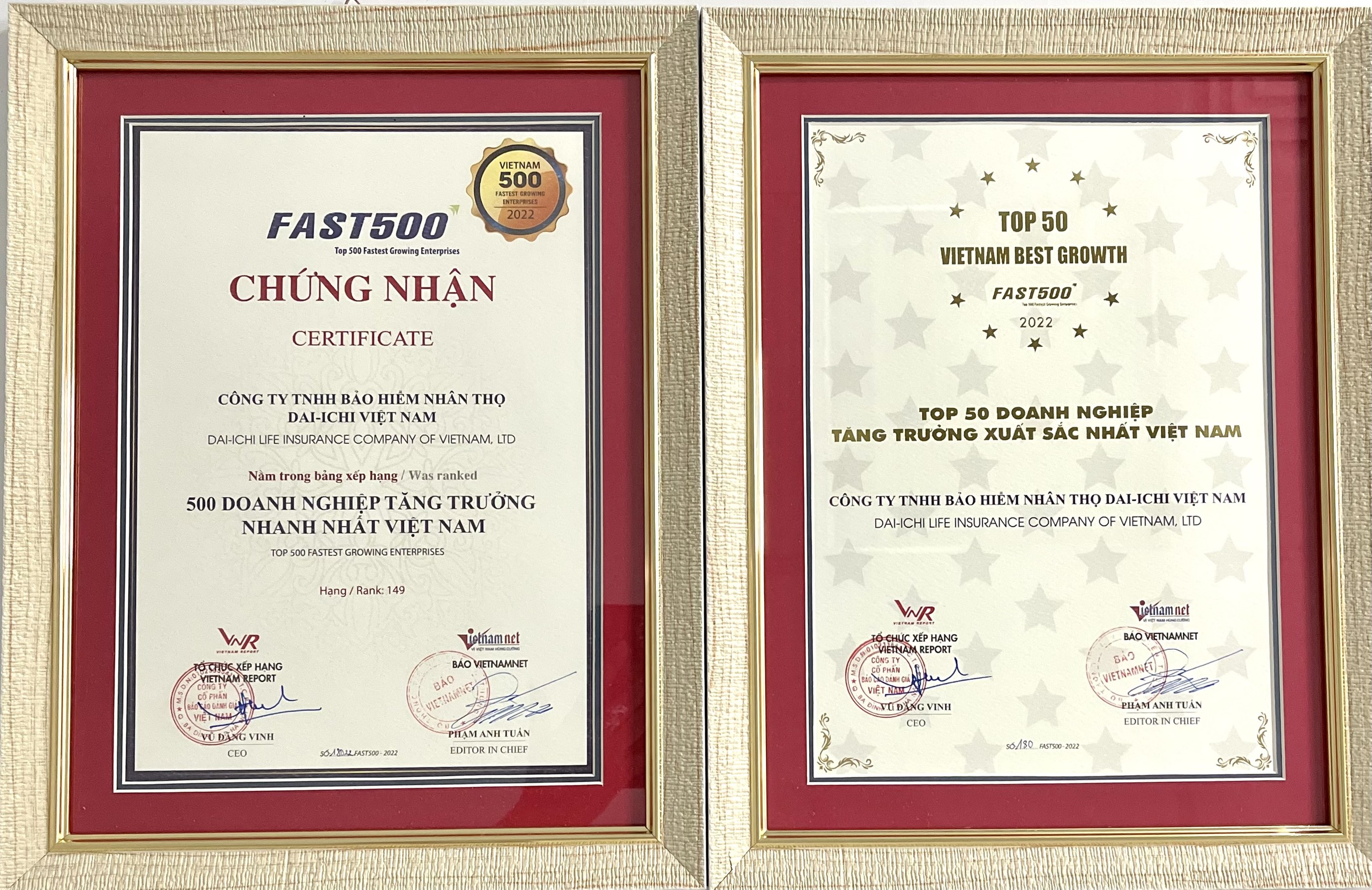 Các giải thưởng mà Dai-ichi Life Việt Nam nhận được. Ảnh P.Liên