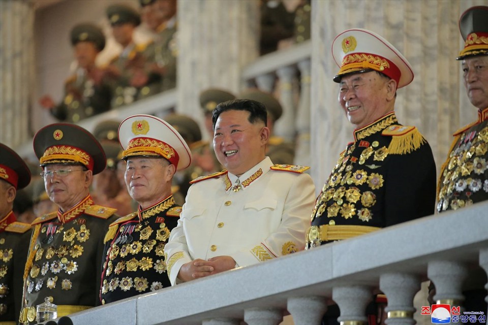 North Korean leader Kim Jong-un at a military parade marking the 90th anniversary of the founding of the Korean army.  Photo: KCNA