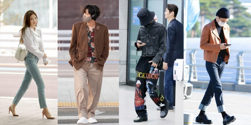 Jennie, Lisa (Blackpink), V (BTS), Kai (EXO) hay G-Dragon (Big Bang)... là những thần tượng thường gây “sốt” bởi thời trang sân bay độc đáo. Ảnh: TH