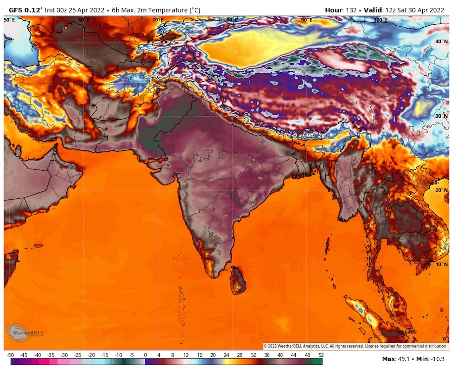 Nhiệt độ cao ở Ấn Độ hôm 23.4 được mô phỏng bởi mô hình GFS của Mỹ. Ảnh: WeatherBell