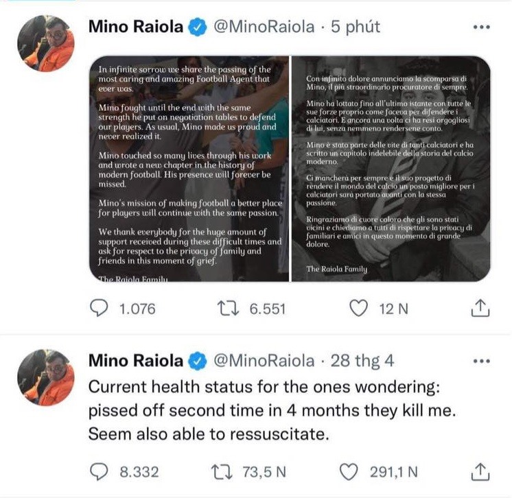 Hai dòng trạng thái gần nhất trên trang Twitter của Mino Raiola