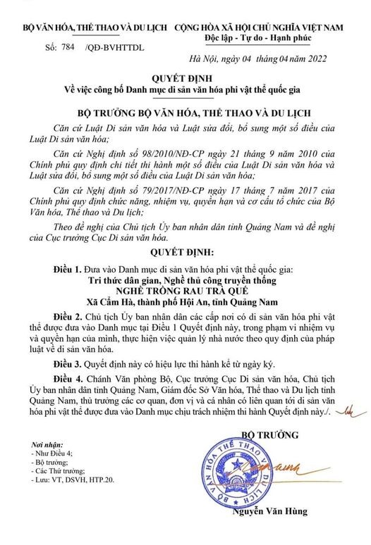 Quyết định của Bộ Văn hóa, thể thao, Du lịch đưa Làng rau Trà Quế vào danh mục Di sản văn hóa phi vật thể quốc gia