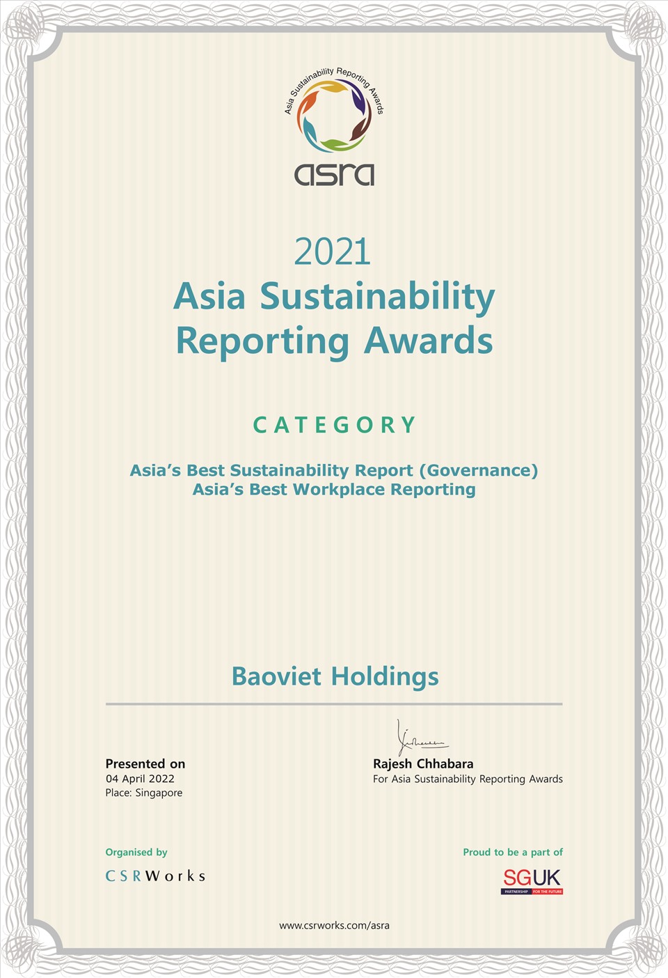 Bảo Việt đạt giải Vàng trong hạng mục Báo cáo có nội dung về Quản trị công ty tốt nhất Châu Á. Ảnh BV.