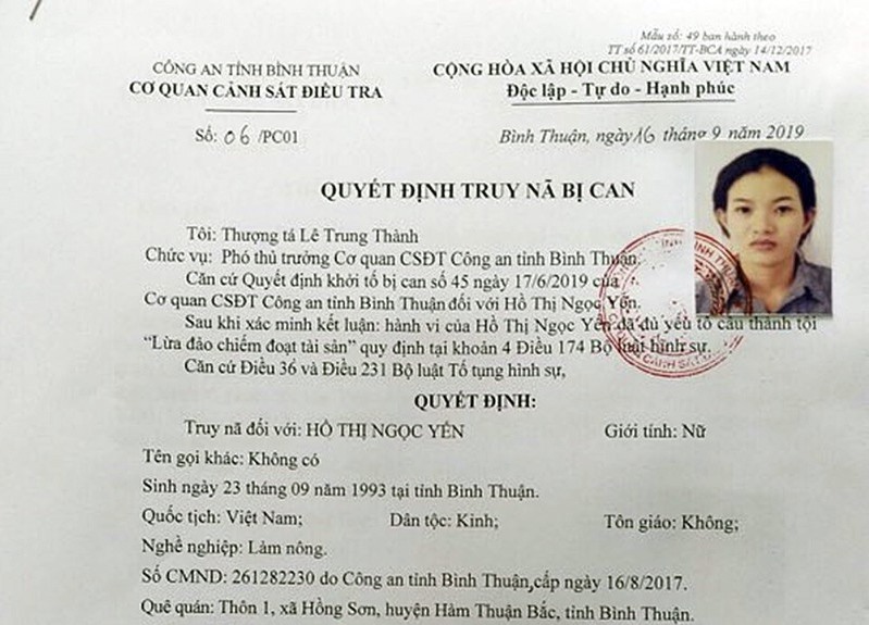 Quyết định truy nã Hồ Thị Ngọc Yến vào năm 2019. Ảnh: CA