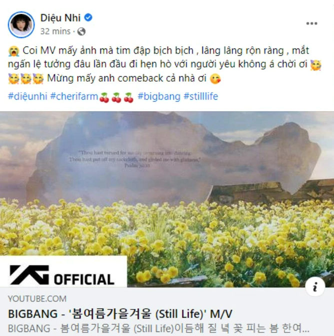 Diễn viên Diệu Nhi chia sẻ cảm xúc sau khi xem MV “Still Life” của Big Bang. Ảnh: FBCN